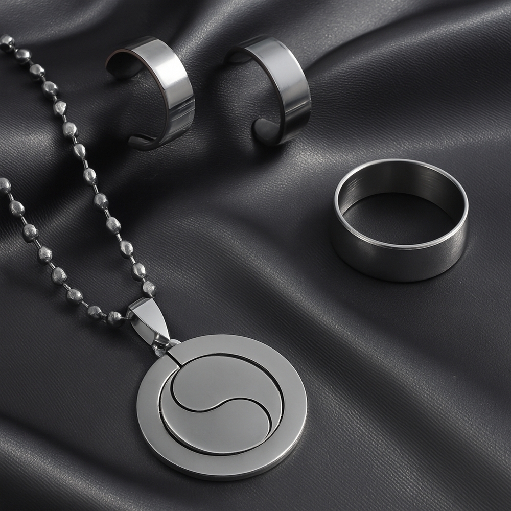Yin-Yang Stainless Steel Jewelry Set | Necklace, Earrings & Ring - Women Fashion